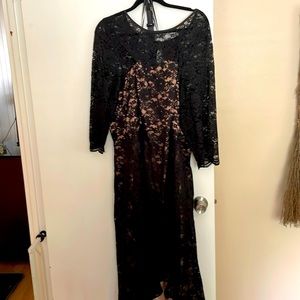 Beautiful black lace with nude silk underneath high low dress